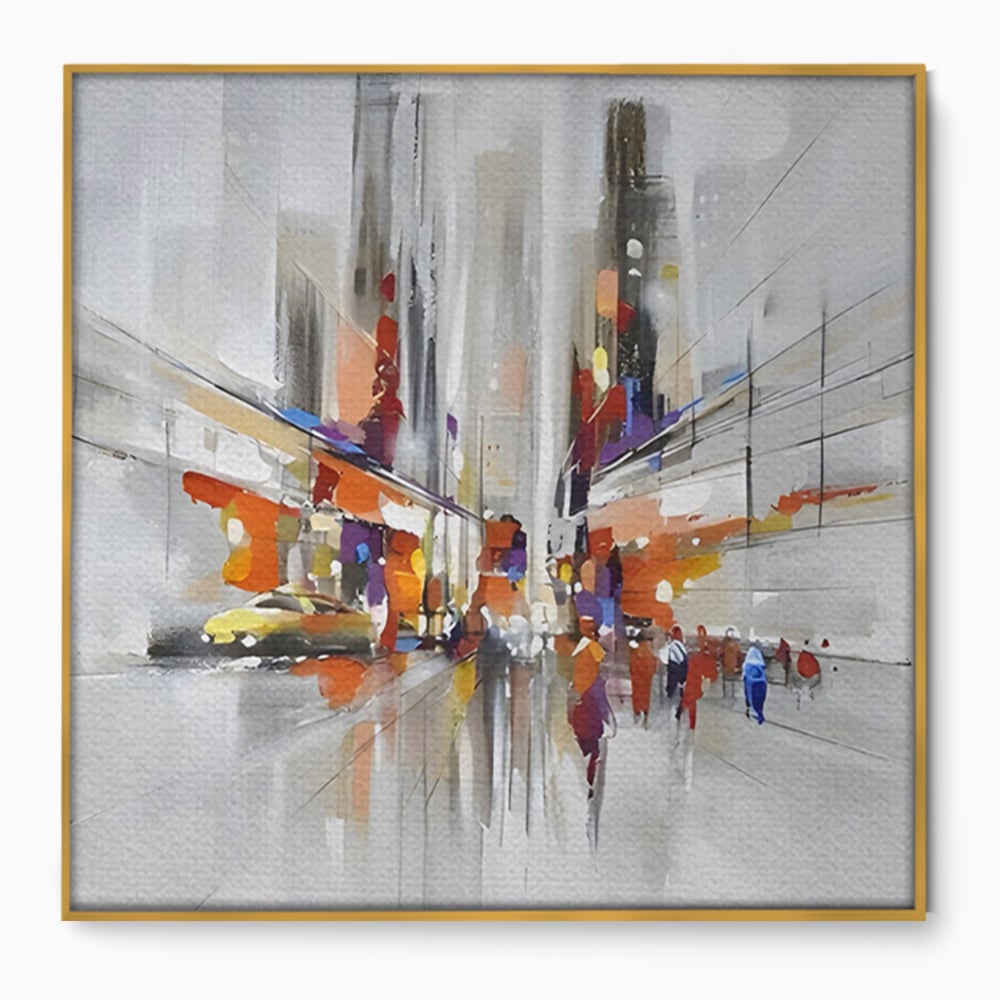 Tablou canvas cu pictura abstracta cu peisaj urban, in rama de aluminiu auriu